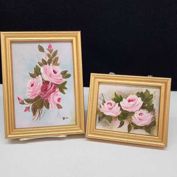 Vintage Framed Pink Rose Oil Paintings By B. Fox Set Of 2